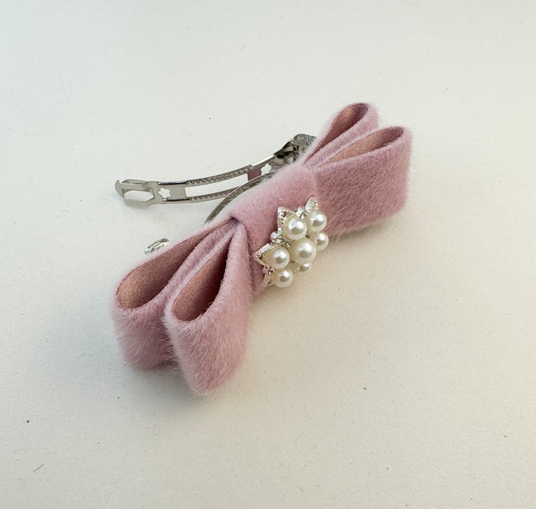 Barrette bow hair clip - Pink Plush with rhinestone Gabificent