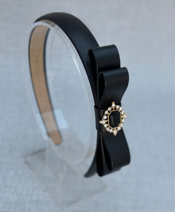 Black Headband- Leather Bow - Gabificent