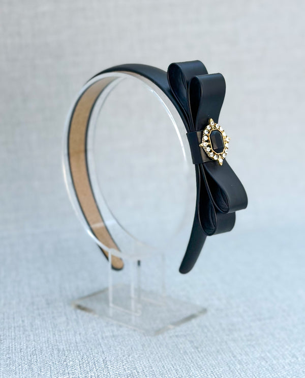 Black Headband- Leather Bow - Gabificent