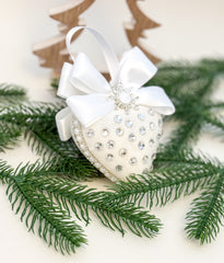 Luxury White Heart Ornament – Rhinestone and Pearl Embellished with Satin Bow