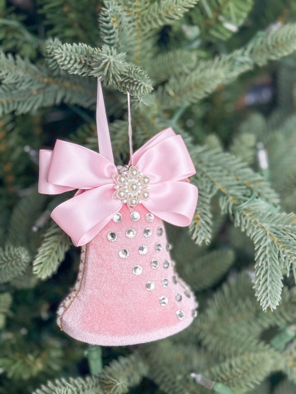 Elegant Pink Bell Ornament – Pearl and Rhinestone Embellished with Satin Bow