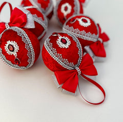 Christmas Baubles - Red with Silver - Set of 6 - Gabificent