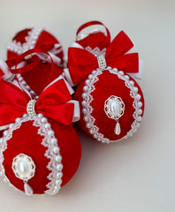 Christmas Baubles - Red with White- Set of 6 - Gabificent