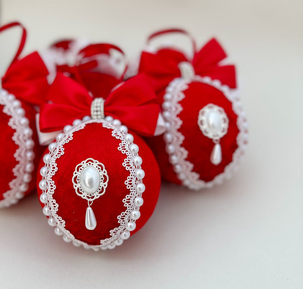 Christmas Baubles - Red with White- Set of 6 - Gabificent