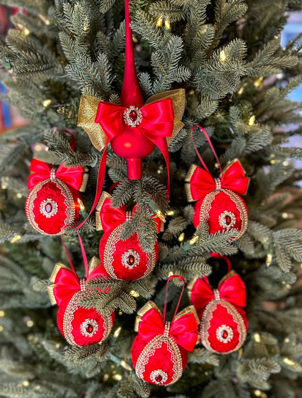 Christmas Baubles and Tree Topper- Red- Six Baubles and One Tree Topper Gabificent