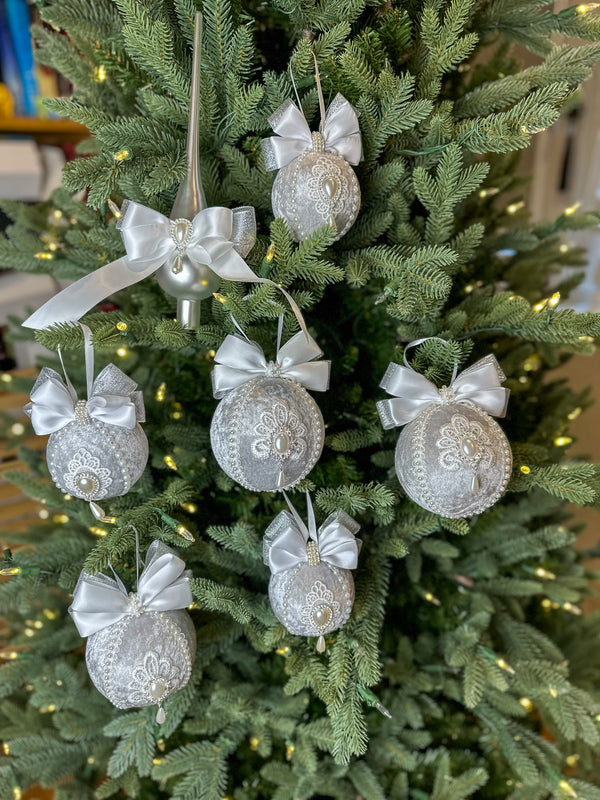 Christmas Baubles and Tree Topper- Silver- Six Baubles and One Tree Topper Gabificent