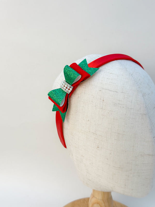 Christmas headband- Red and Green Bow Gabificent