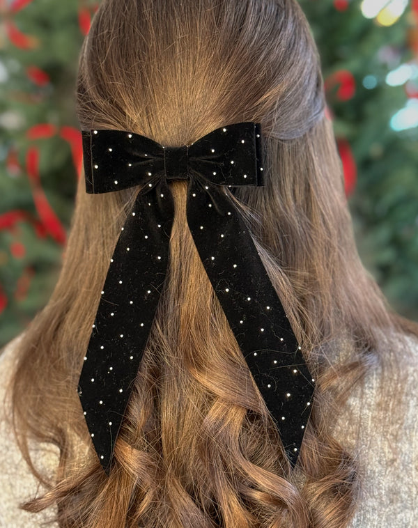 Velvet hair Bow- Black with rhinestones