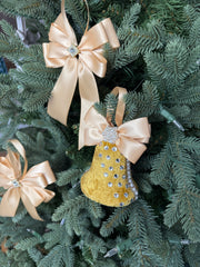 Elegant Gold Bell Ornament – Pearl and Rhinestone Embellished with Satin Bow