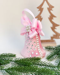 Elegant Pink Bell Ornament – Pearl and Rhinestone Embellished with Satin Bow
