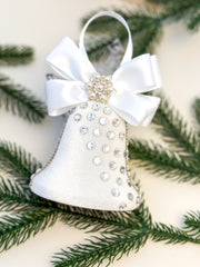 Elegant White Bell Ornament – Pearl and Rhinestone Embellished with Satin Bow