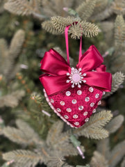 Luxury Burgundy Heart Ornament – Rhinestone and Pearl Embellished with Satin Bow