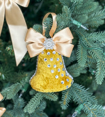 Elegant Gold Bell Ornament – Pearl and Rhinestone Embellished with Satin Bow