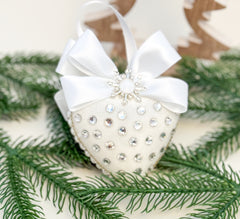 Luxury White Heart Ornament – Rhinestone and Pearl Embellished with Satin Bow