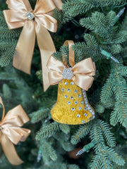 Elegant Gold Bell Ornament – Pearl and Rhinestone Embellished with Satin Bow