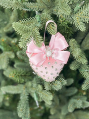 Luxury Pink Heart Ornament – Rhinestone and Pearl Embellished with Satin Bow