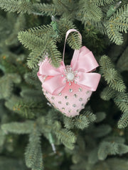 Luxury Pink Heart Ornament – Rhinestone and Pearl Embellished with Satin Bow
