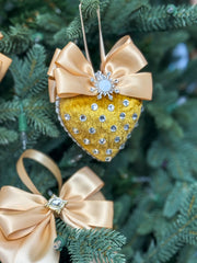Luxury Gold Heart Ornament – Rhinestone and Pearl Embellished with Satin Bow