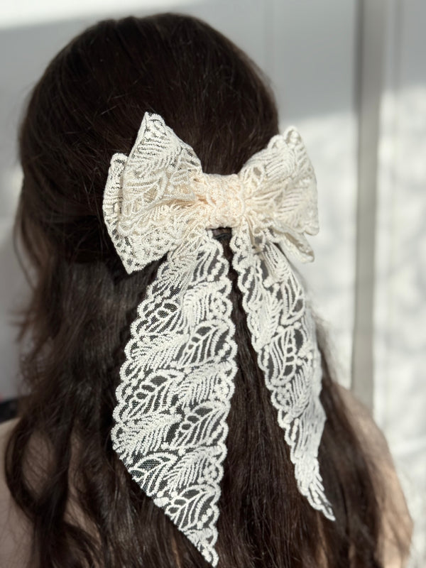 Large lace hair bow with tails “Cream”