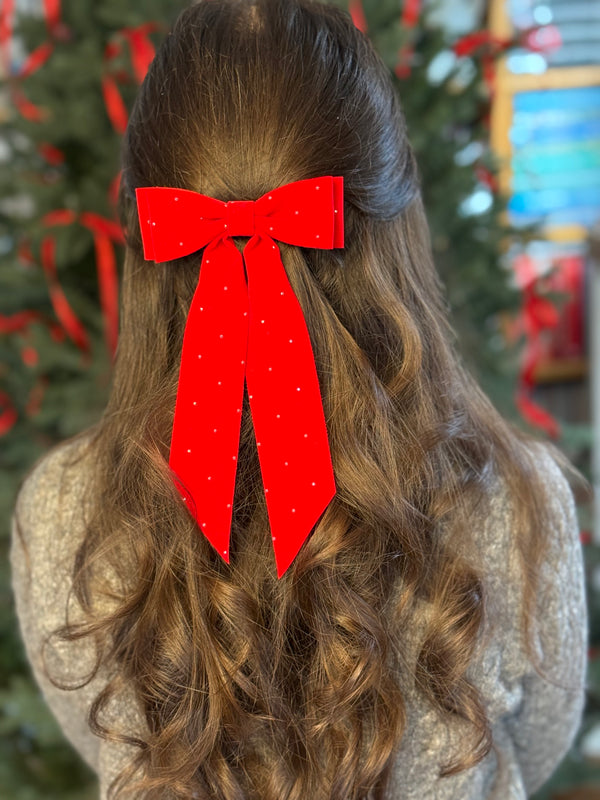 Velvet hair Bow- Red with rhinestones