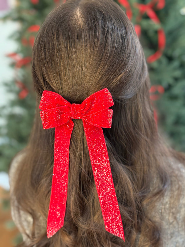 Glitter Velvet hair Bow- Red