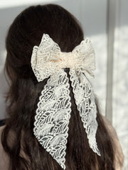 Large lace hair bow with tails “Cream”
