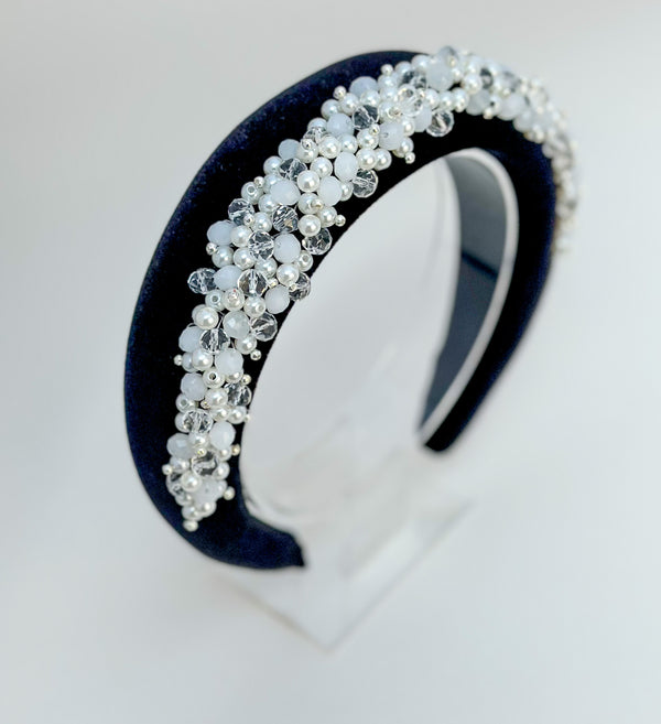 Headband - black velvet with pearls and rhinestones - Gabificent