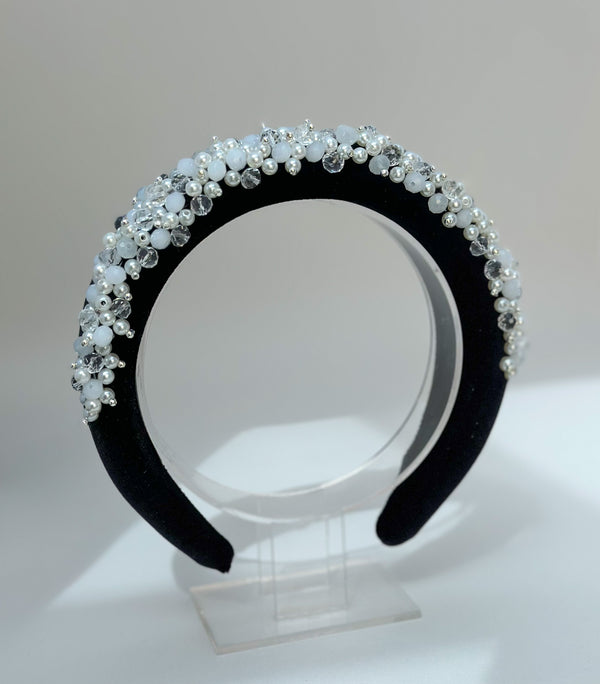Headband - black velvet with pearls and rhinestones - Gabificent