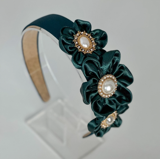 Headband with dark Green satin flowers Gabificent