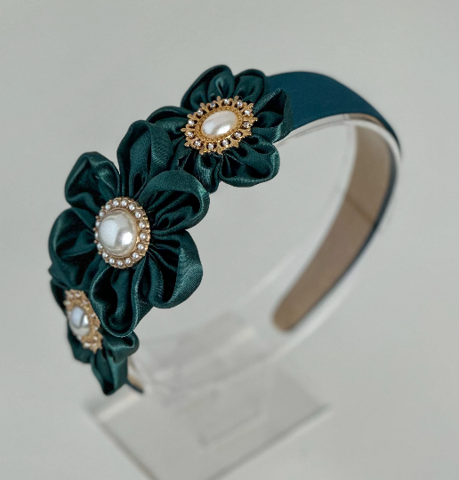 Headband with dark Green satin flowers Gabificent