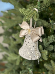 Elegant Silver Bell Ornament – Pearl and Rhinestone Embellished with Satin Bow