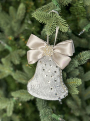 Elegant Silver Bell Ornament – Pearl and Rhinestone Embellished with Satin Bow