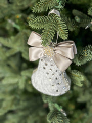 Elegant Silver Bell Ornament – Pearl and Rhinestone Embellished with Satin Bow