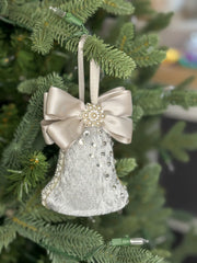 Elegant Silver Bell Ornament – Pearl and Rhinestone Embellished with Satin Bow