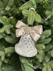 Elegant Silver Bell Ornament – Pearl and Rhinestone Embellished with Satin Bow