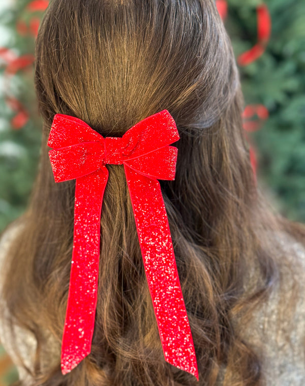 Sparkly Velvet hair Bow- Red