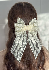 Large lace hair bow with tails “Cream”