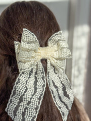 Large lace hair bow with tails “Cream”