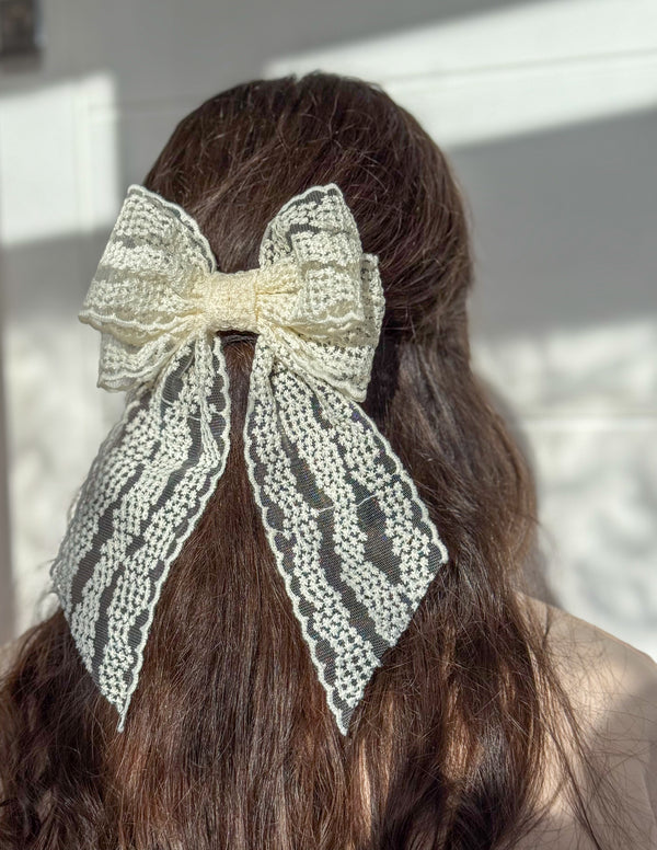 Large lace hair bow with tails “Cream”