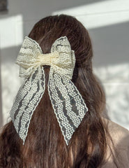Large lace hair bow with tails “Cream”