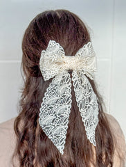 Large lace hair bow with tails “Cream”