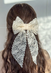 Large lace hair bow with tails “Cream”