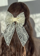 Large lace hair bow with tails “Cream”