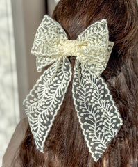 Large lace hair bow with tails “Cream”