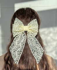 Large lace hair bow with tails “Cream”