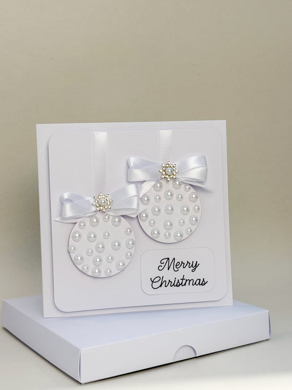 Elegant Handmade Christmas Card with white Bow and Gem Ornament Design
