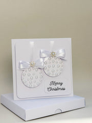 Elegant Handmade Christmas Card with white Bow and Gem Ornament Design