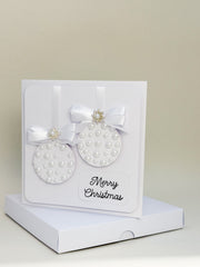 Elegant Handmade Christmas Card with white Bow and Gem Ornament Design
