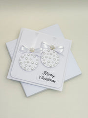 Elegant Handmade Christmas Card with white Bow and Gem Ornament Design