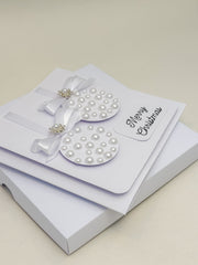 Elegant Handmade Christmas Card with white Bow and Gem Ornament Design